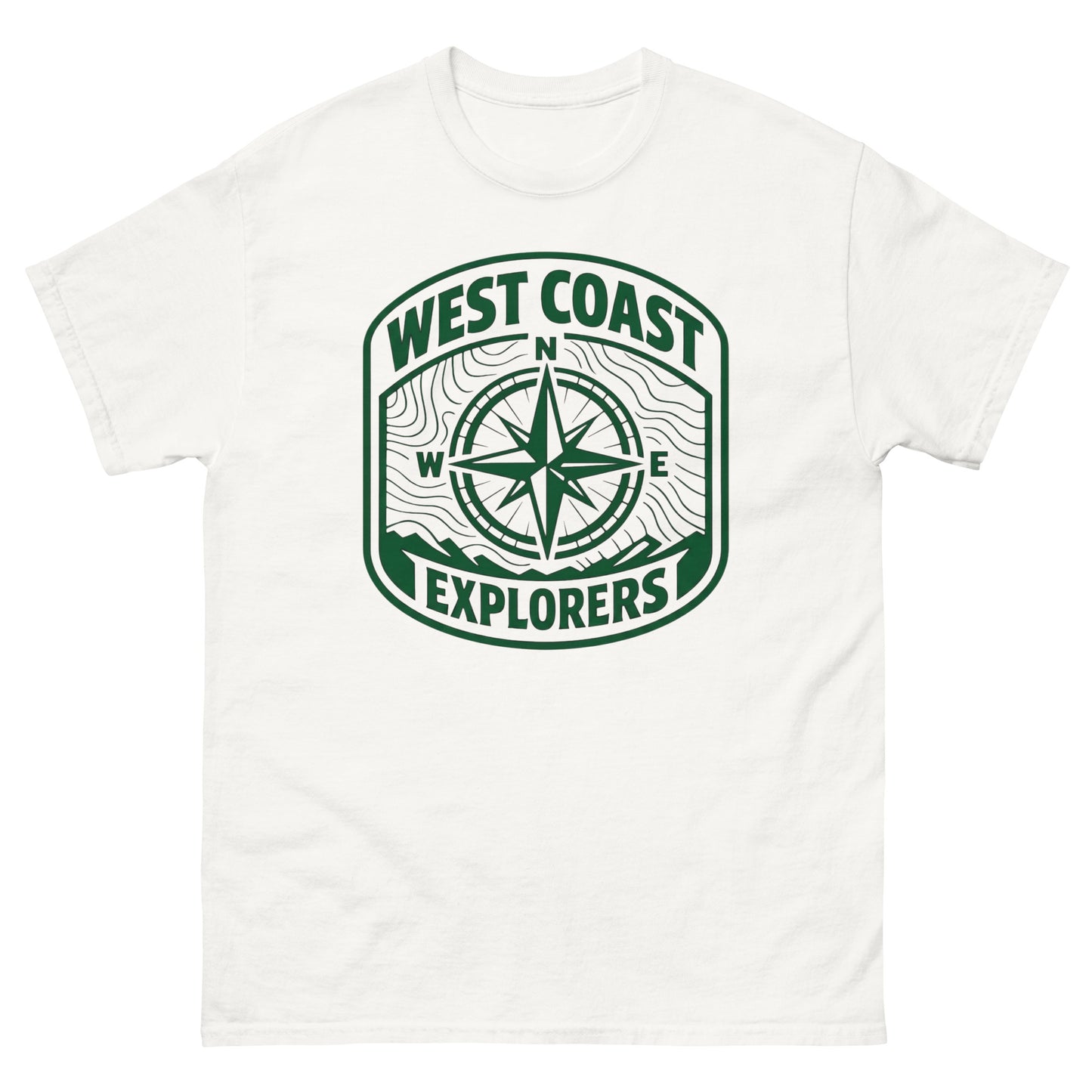 T-shirt with West Coast Explorers compass design inspired by Alesund Norway and coastal outdoor travel