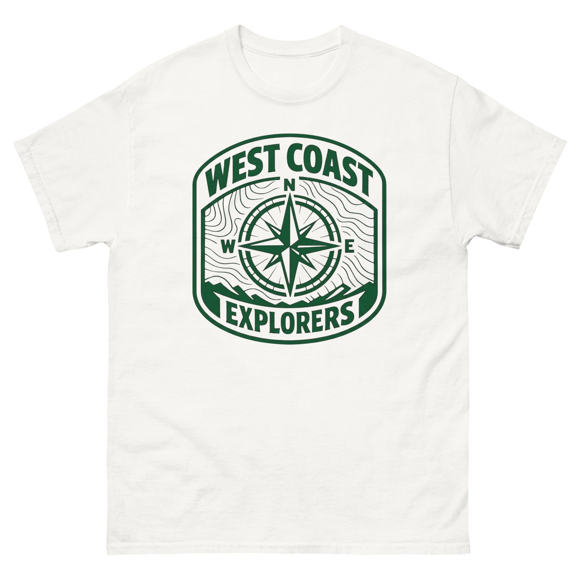 T-shirt with West Coast Explorers compass design inspired by Alesund Norway and coastal outdoor travel